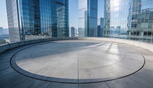 Showcasing circular rooftop helipad with reflective glass towers and urban skyline