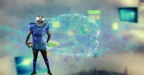 American Football Player Overlapping Digital Brain Hologram