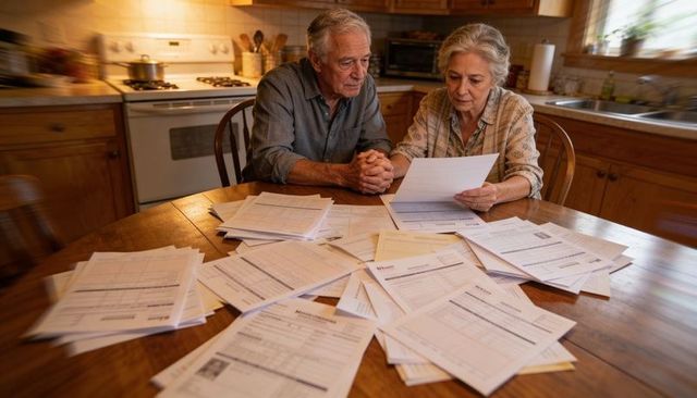 Senior couple reviewing bills and finances at kitchen table planning retirement