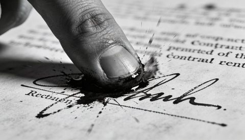 Fingertip smudging wet ink over signature on contract closeup monochrome high-contrast