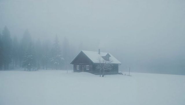 Solitary Wooden Cabin Nestled in Foggy Snowfield Winter Minimalist Landscape Atmospheric