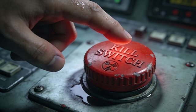 Worn red kill switch with hovering wet fingertip on industrial control panel