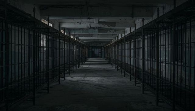 Abandoned Dormitory Corridor with Rusted Metal Supports