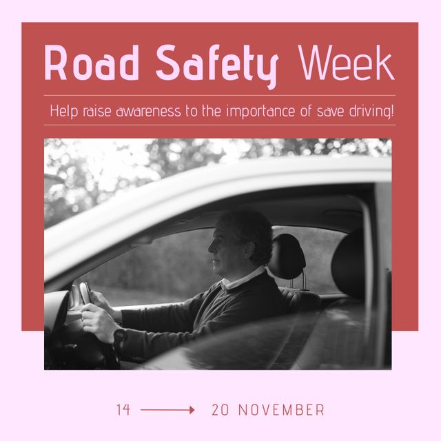 Road Safety Week Awareness Campaign with Caucasian Man Driving Car - Download Free Stock Templates Pikwizard.com