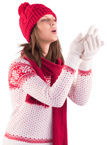Woman wearing warm clothes bringing hands together transparent background