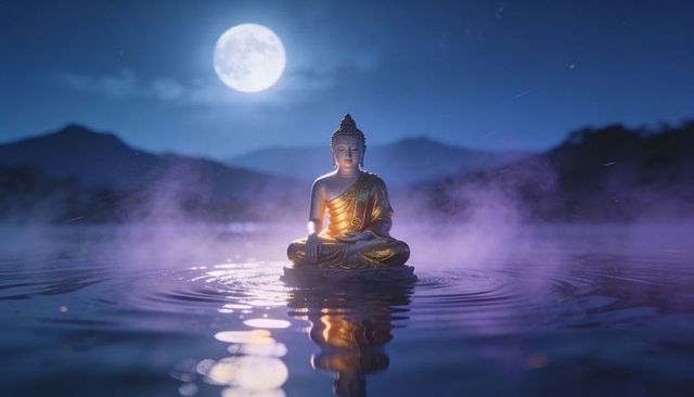 Golden buddha meditating on moonlit misty lake with reflective ripples and tranquility