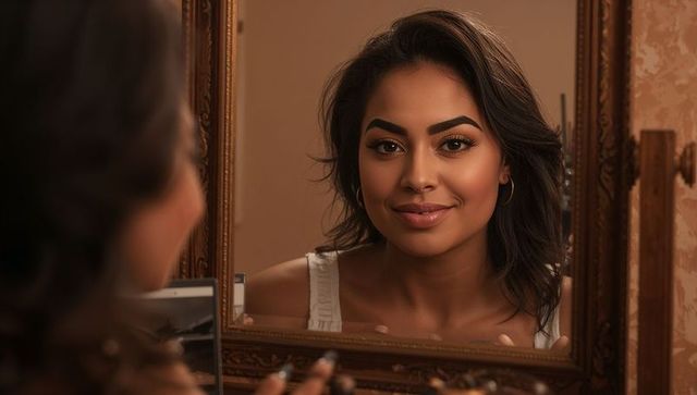 Warm vanity mirror portrait woman applying makeup smiling soft glow evening routine