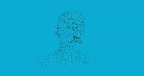 Abstract 3D Wireframe Head with Blue Point Cloud Design