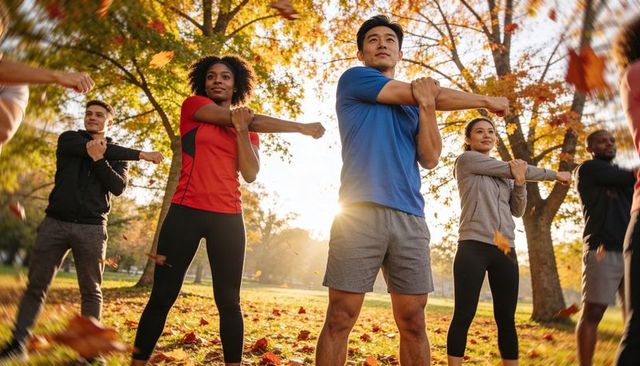 Outdoor group stretching in autumn park with diverse young adults and sun flare warmup