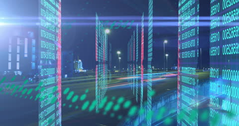 Futuristic Cyber Data Streams Over Night Cityscape