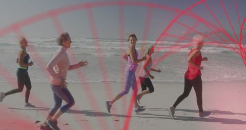 Active senior women running on beach with dna overlay