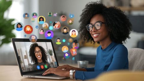 Smiling woman wearing glasses using laptop for remote collaboration and virtual networking