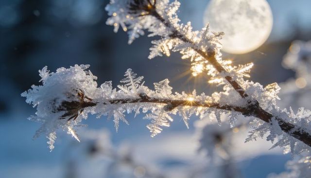Glowing hoarfrost crystals clinging to twig in backlit winter sunrise with full moon