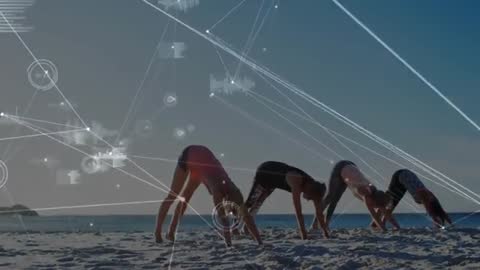 Beach Yoga with Digital Network Connection Concept