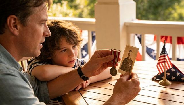 Father teaching son about veteran medal while holding sepia portrait on porch