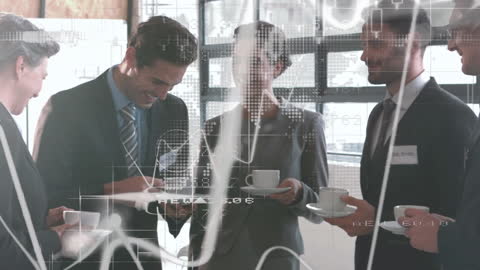 Business Team Collaborating in Modern Office with Digital Visuals