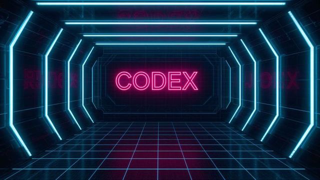Futuristic neon codex sign in sci-fi corridor