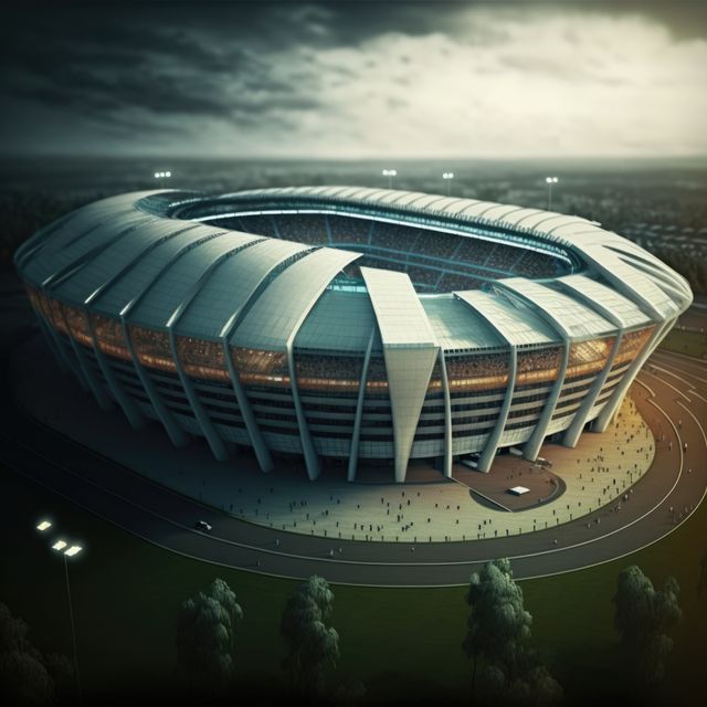 The modern stadium, characterized by its futuristic design, stands prominently at twilight. The glowing lights and the architectural details are visible, showcasing a popular sports venue or event location. Ideal for use in projects related to sports events, architecture excellence, city planning, or tourism advertisements.