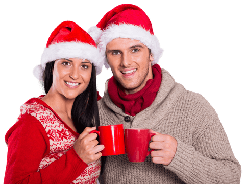 Cheerful Couple Celebrating Christmas with Mugs in Transparent Background