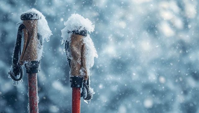 Snow-covered Trekking Poles with Insulated Gloves in Winter Landscape