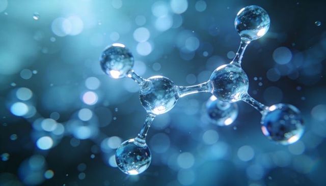 Crystalline molecular structure floating in blue bokeh, glass spheres reflecting light for science