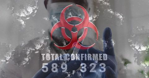 Biohazard symbol with covid infection stats over medical worker