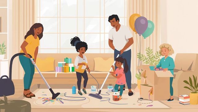 Family vacuuming and packing living room together for move and party cleanup