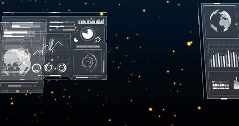 Futuristic holographic hud with 3d globe, analytics charts, gauges and glowing particles