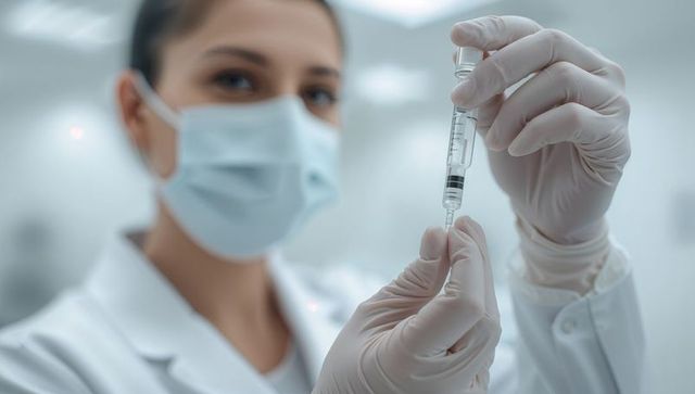 Female clinician drawing vaccine from vial into syringe with mask and gloves
