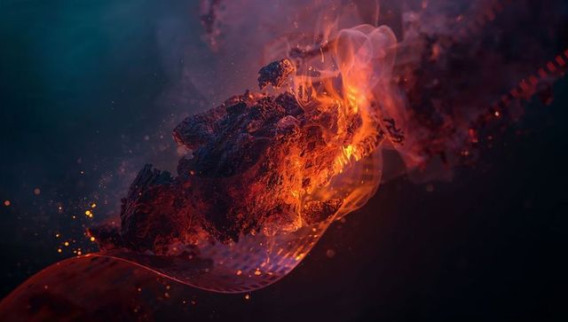 Molten Lava Fragment with Swirling Flames and Intense Heat