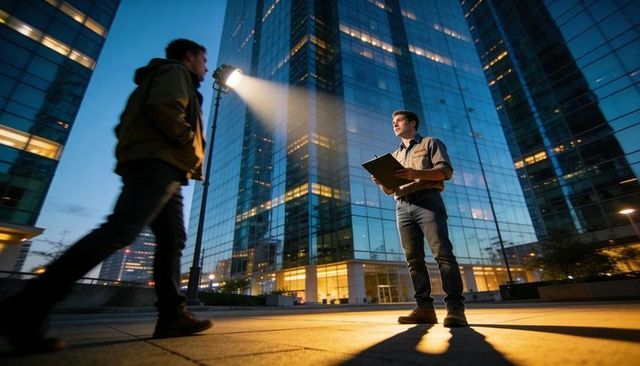 Urban worker surveying plaza at dusk under lamp beam amid reflective glass skyscrapers