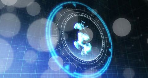 Rotating hud rings framing glowing blue plasma hologram currency symbol over grid futuristic ui