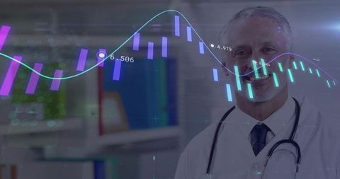 Doctor Analyzing Data with Futuristic Candlestick Charts in Hospital