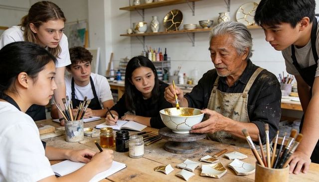 Master restoring kintsugi bowl with gold lacquer teaching students in ceramic workshop