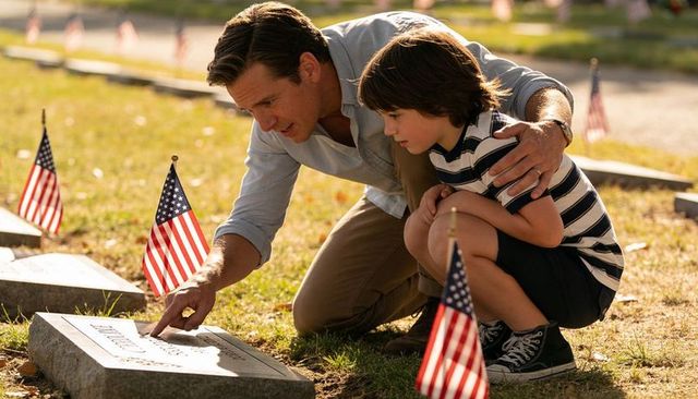 Father guiding son at military grave with american flags, memorial day tribute and remembrance