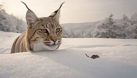 Tufted lynx stalking small mouse across snowy meadow at golden winter sunrise