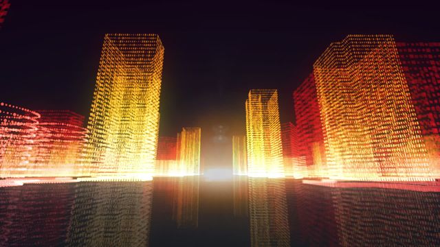 An animation portraying a cityscape with glowing yellow 3D digital buildings against a black background. Depicts a modern, futuristic urban environment and could be used for technology, architecture, or urban planning concepts. Ideal for marketing materials, presentations, or editorial purposes showcasing advancement in city infrastructure.