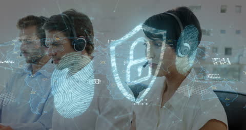 Tech Professionals Collaborating with Digital Security Visuals