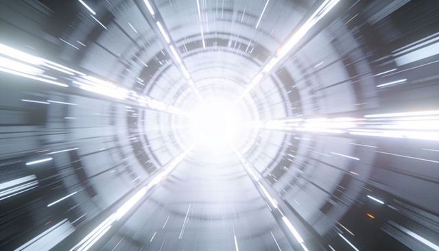 Futuristic light tunnel accelerating toward bright vanishing point with radial led rings