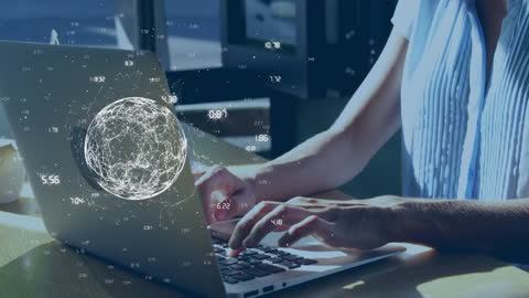 Woman Working on Laptop with Digital Interface and Holographic Globe