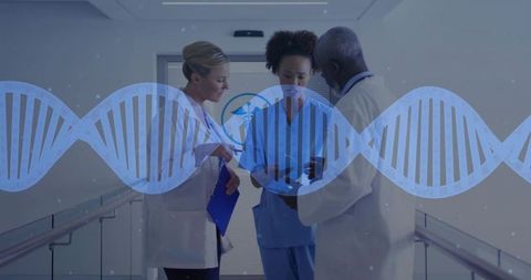 Medical team discussing genomic data in hospital corridor with dna strand overlay