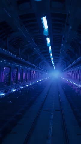 Vertical video driving through futuristic transit tunnel with rising blue glow and lights