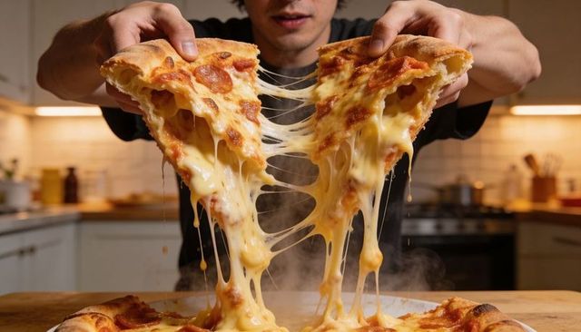 Man pulling melty pepperoni pizza slices with dramatic cheese pull in cozy home kitchen