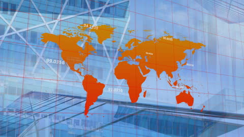 World Map Overlay on Modern City Buildings for Global Business Concepts