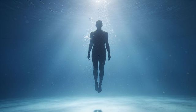 Solitary male silhouette floating upright underwater with sunbeams and bubbles