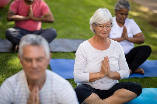 Senior woman meditating with friends in a park, promoting a healthy and active lifestyle for the elderly. Ideal for use in wellness, fitness, and health-related content, especially focusing on senior citizens and group activities. Perfect for illustrating concepts of mindfulness, relaxation, and outdoor exercises.