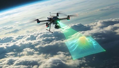 Autonomous drone mapping terrain with lidar projection over clouds, 3d wireframe scan