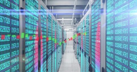 Glowing Data Center Corridor Streaming Numeric Streams and Hologram Analytics Overlay