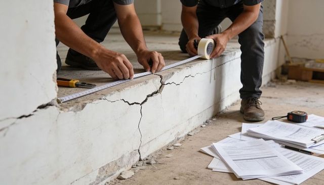 Construction workers measuring cracked concrete ledge during structural damage inspection