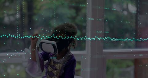 Virtual reality headset blurs with financial data overlay